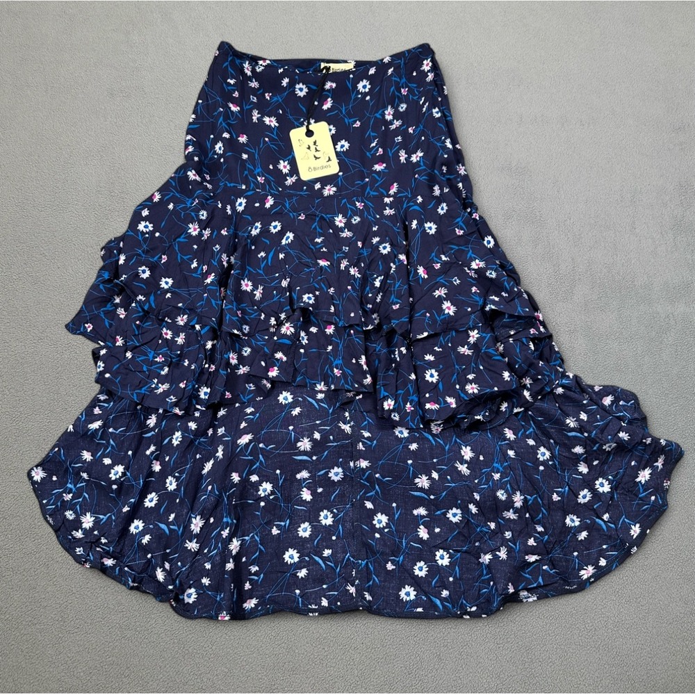 8 Birdies Floral Ruffle Maxi Skirt Womens S Navy Blue Cottagecore Layered Zipper